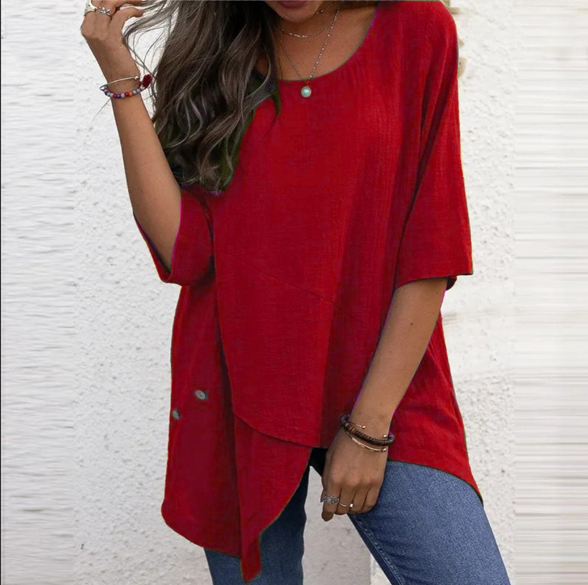 Women's Cotton Linen Irregular Shirt Half Sleeve Blouses