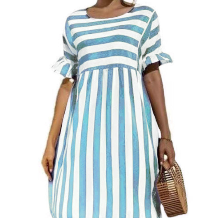 Women's Ruffled Sleeves Striped Patchwork Pocket Casual Dresses