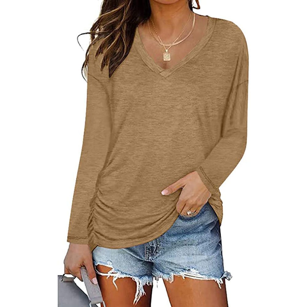 Women's V-neck Pleating Long Sleeve T-shirt Solid Color Blouses