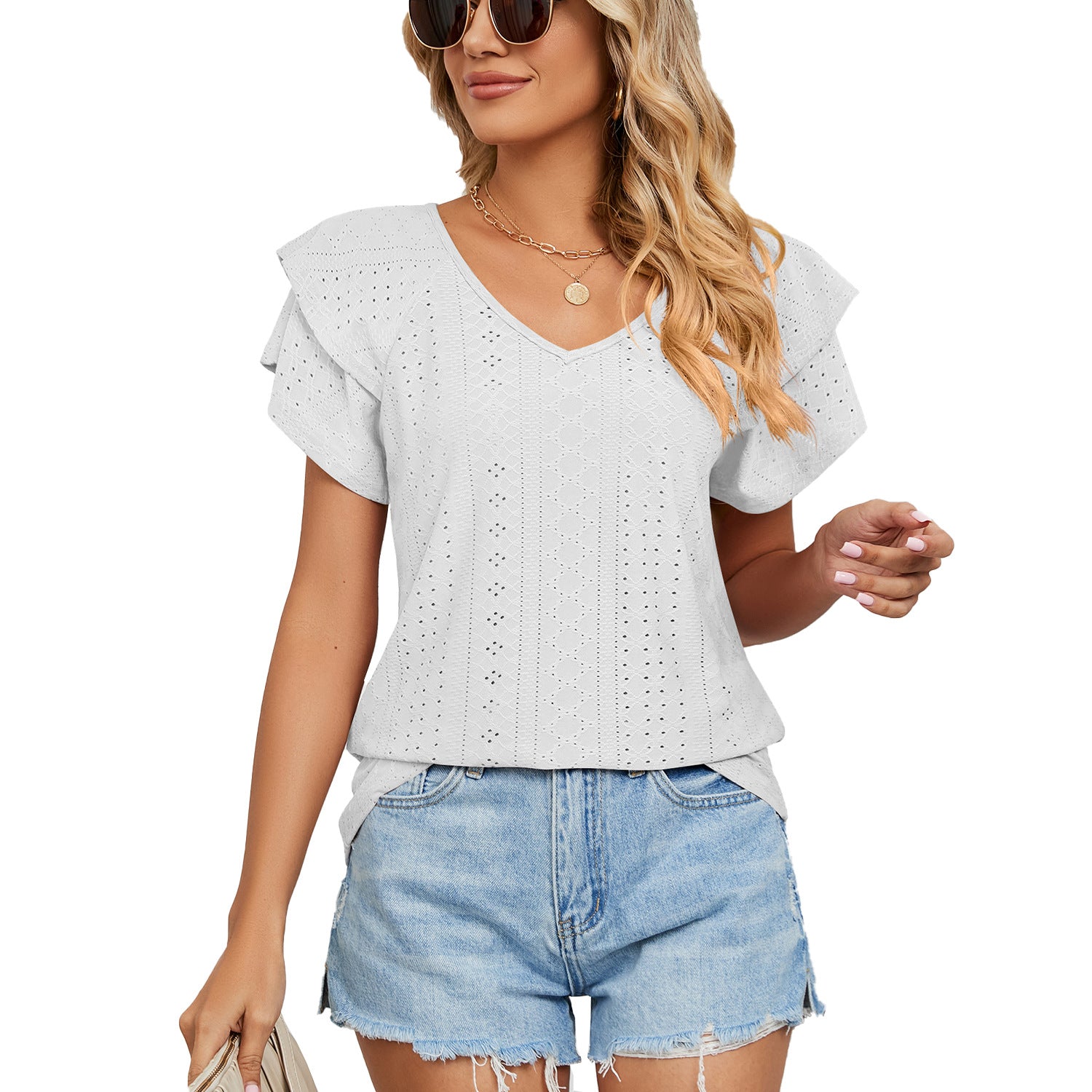 Women's Solid Color Double-layer Sleeve V-neck Loose Blouses