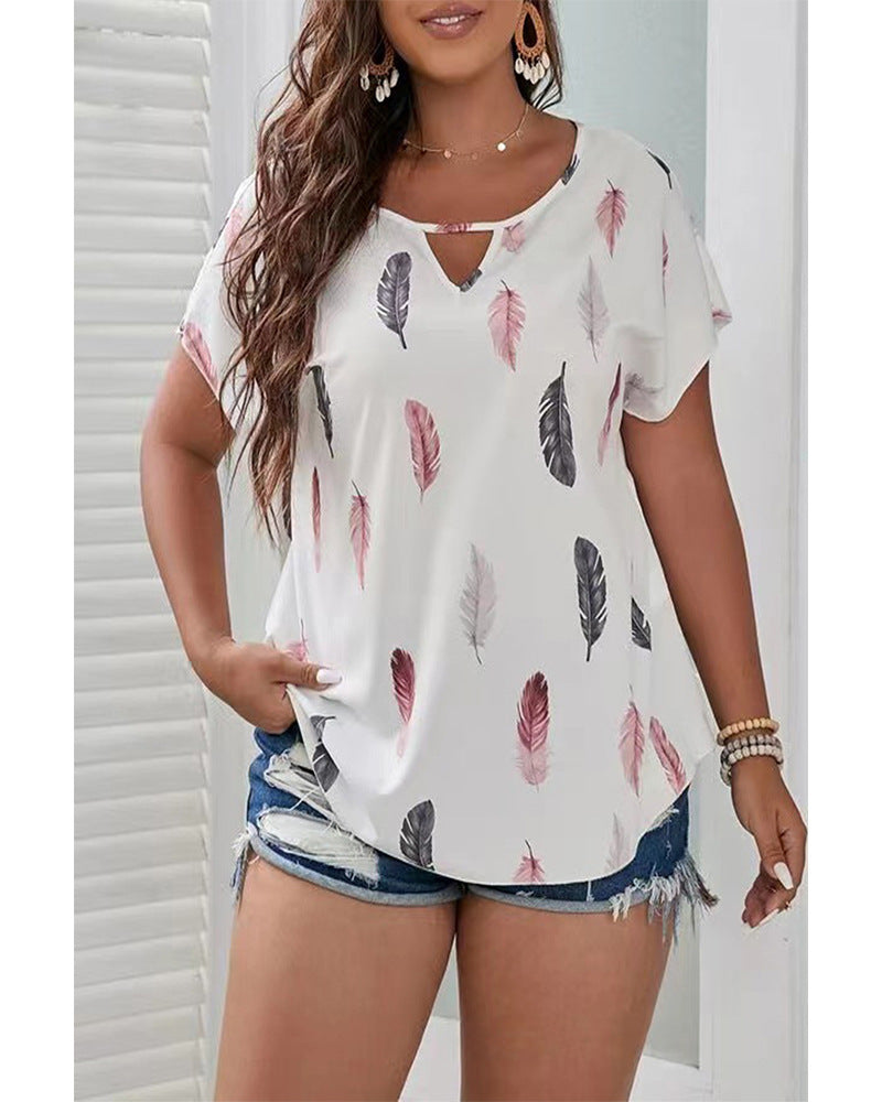 Women's Popular V-neck Feather Print Short-sleeved Blouses