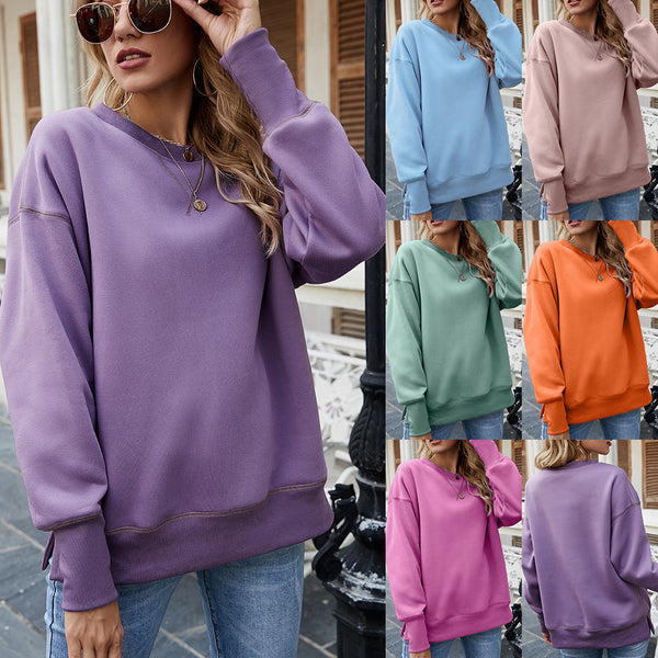 Women's Hemline At Hem Fleece Round Neck Pullover Veet Sweaters