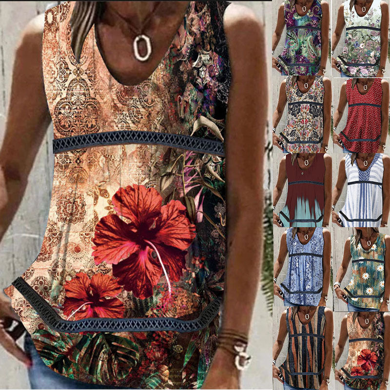 Women's Slouchy Summer Printed Patchwork Sleeveless Blouses
