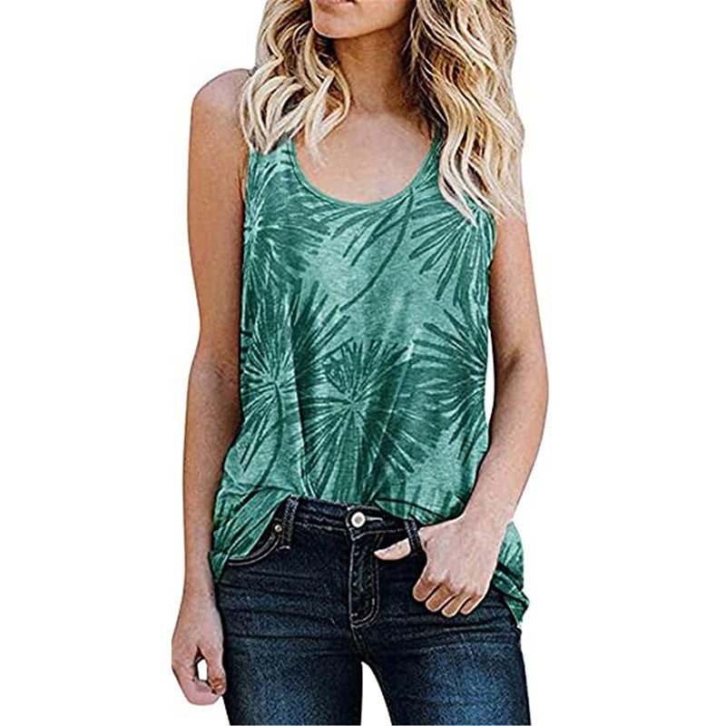 Women's Summer Casual Sleeveless Round Neck Leopard Print Floral Out Blouses