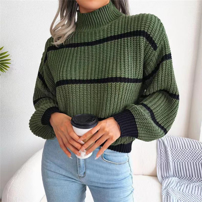 Women's Striped Lantern Sleeve Half Turtleneck Knitted Sweaters