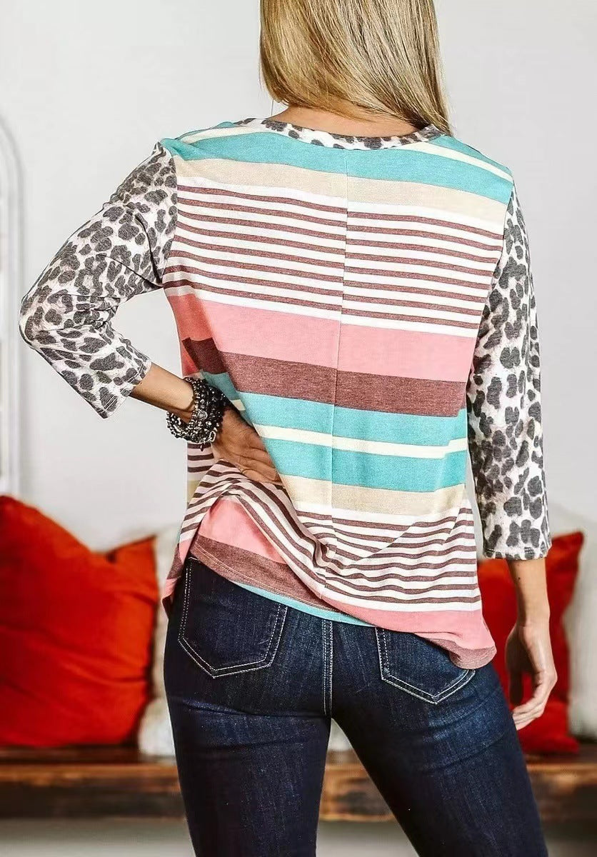 Women's Casual Striped Pocket 7-point Sleeve Clothing