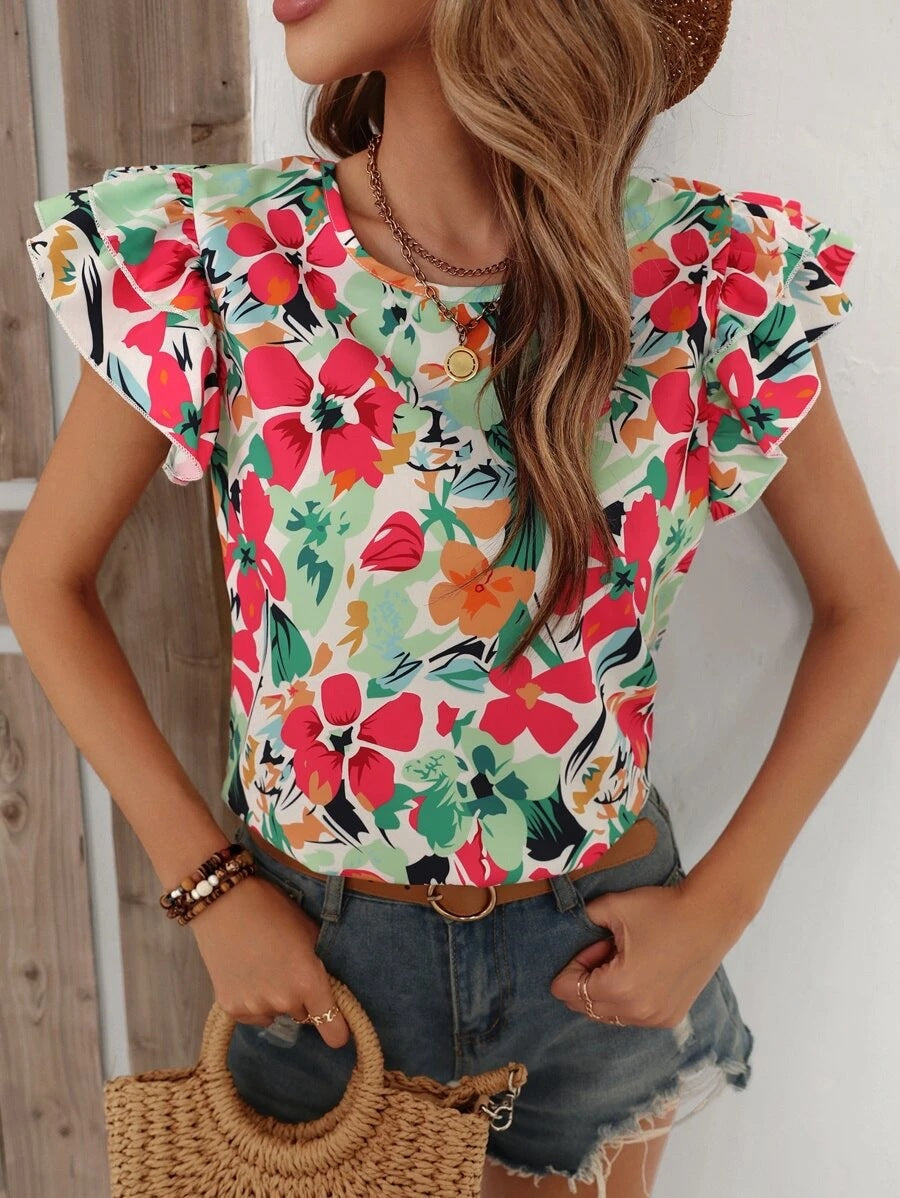 Women's Summer Floral Print Double-layer Flying Short-sleeved Blouses