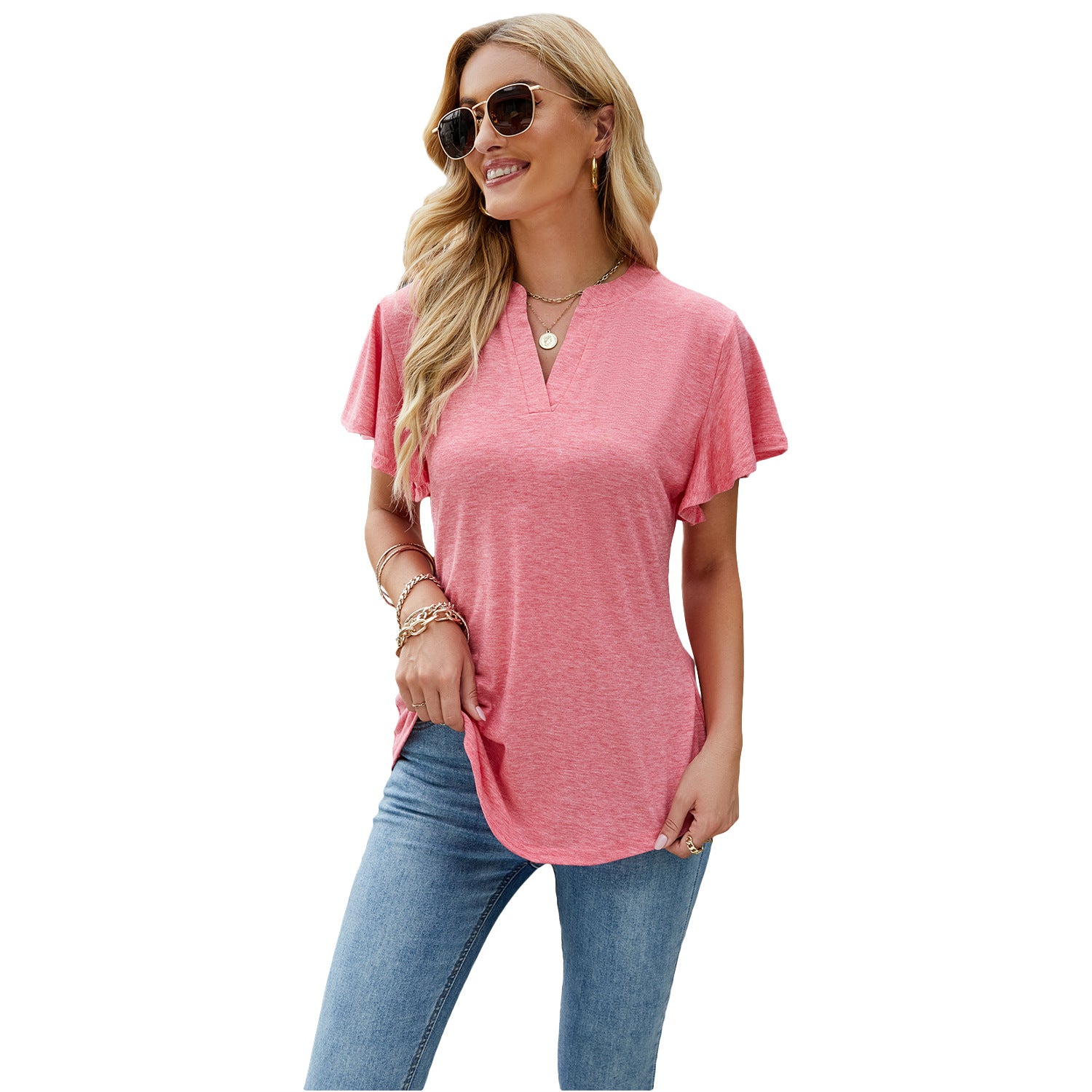 Women's Summer V-neck Ruffled Sleeve Dovetail Short-sleeved Blouses