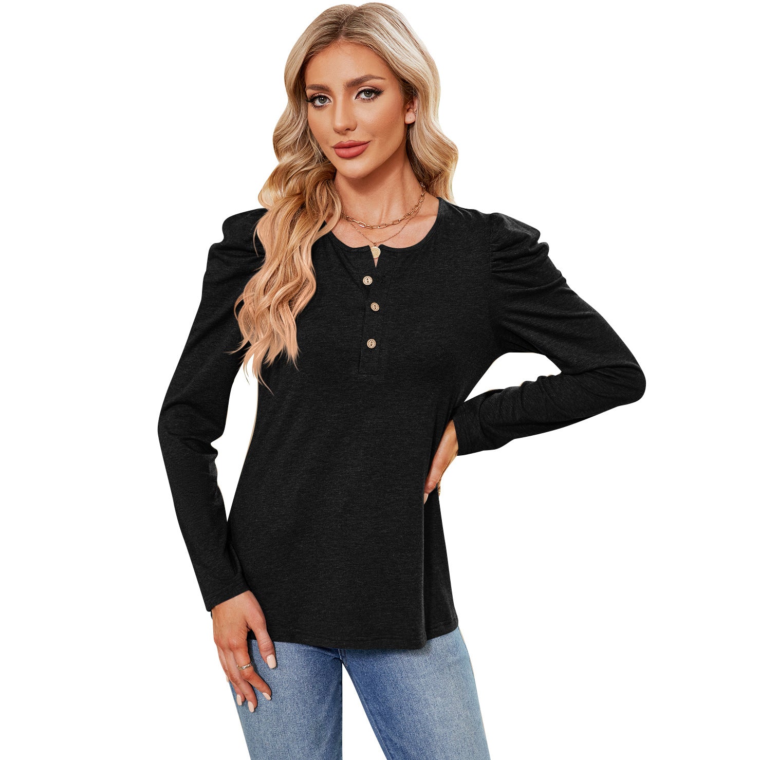 Women's Color Buttons Round Neck Puff Sleeve Blouses