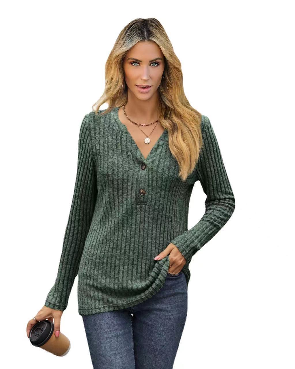 Women's Solid Color And Button Loose Long-sleeved Blouses