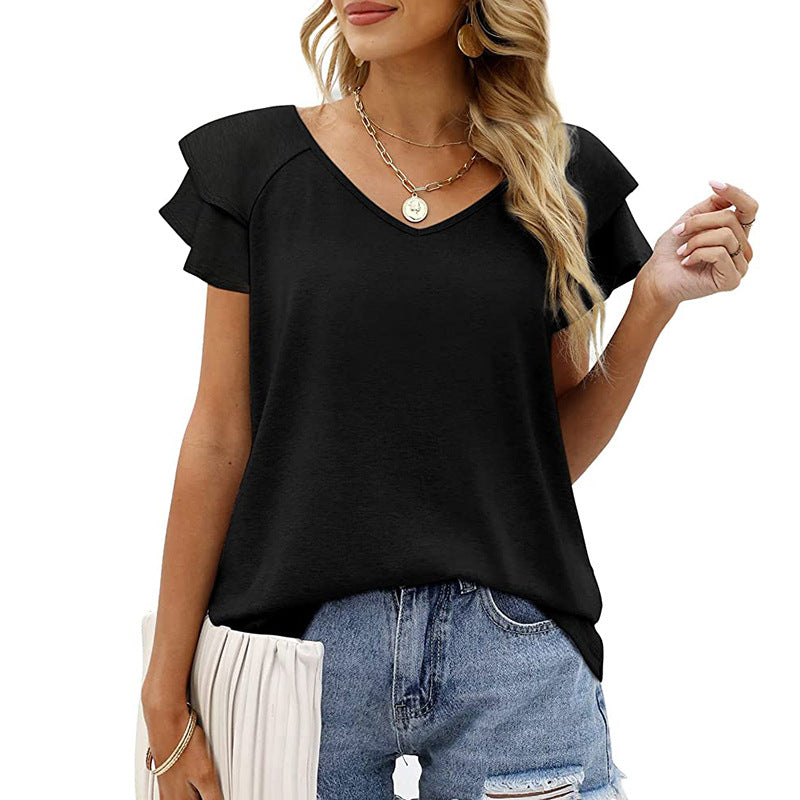 Women's Color V-neck Double-layer Ruffled Sleeve Loose Blouses