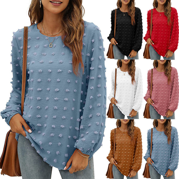 Women's Loose Jacquard Long Sleeve Crew Neck Blouses