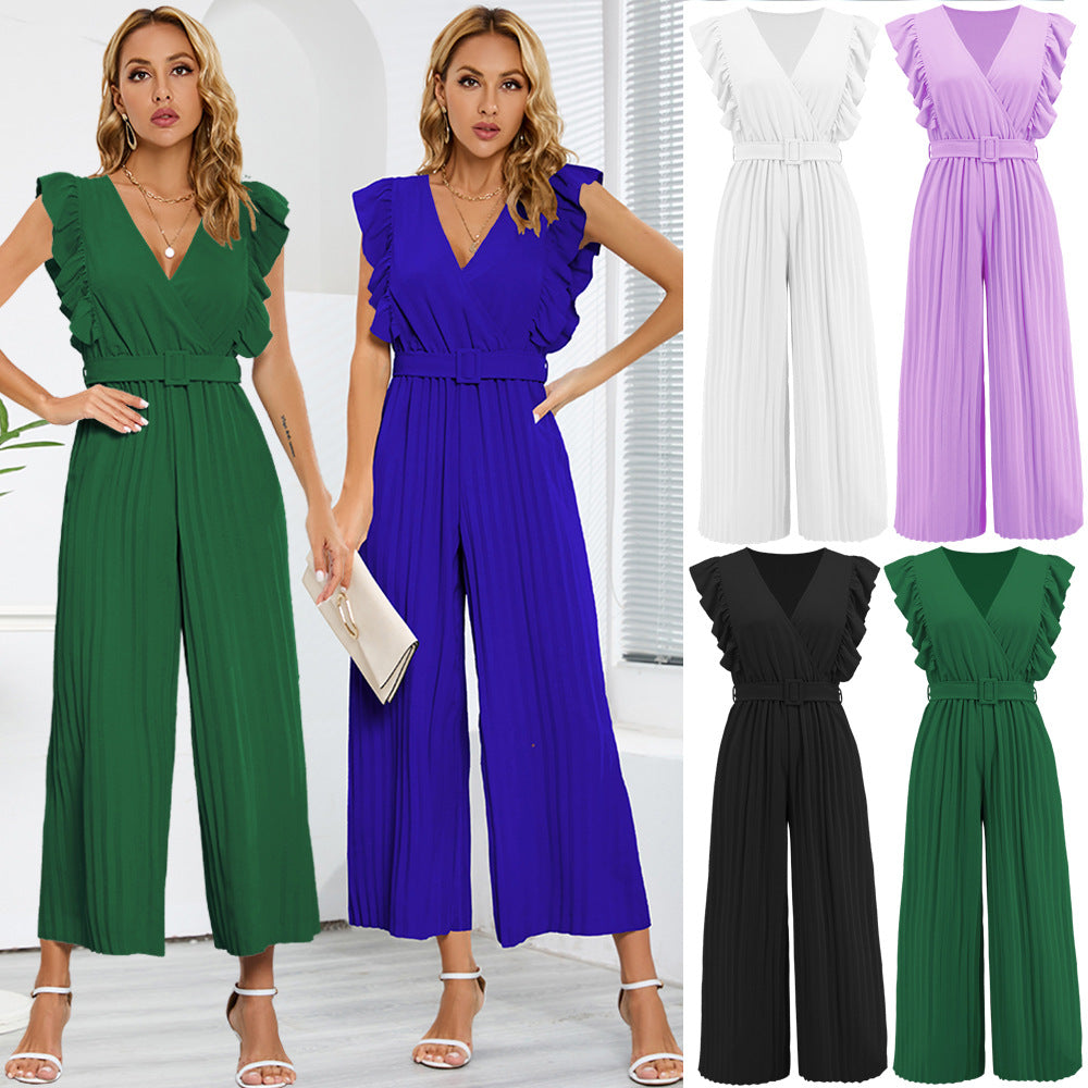 Women's V-neck Pleated Slim Fit Patchwork Straight-leg Jumpsuits