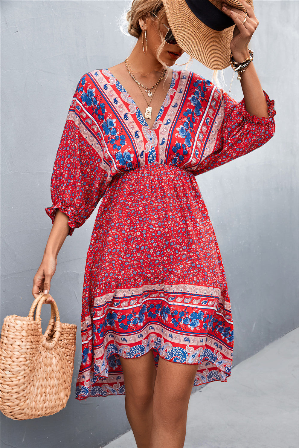 Bohemian V-neck Flower Irregular Backless Dress Dresses