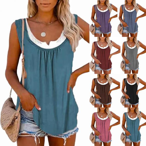 Women's Summer Solid Color Stitching Sleeveless Pleating Blouses