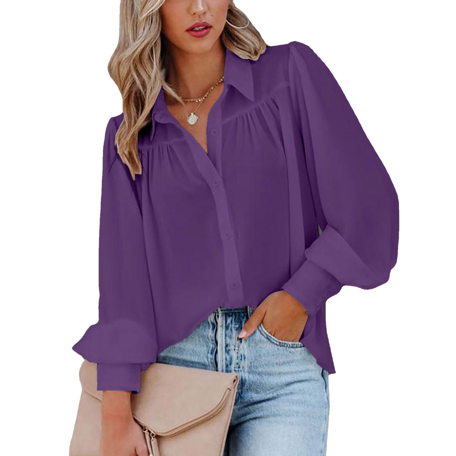 Women's Button Lantern Sleeve Pleated Solid Color Collar Loose Shirt Blouses