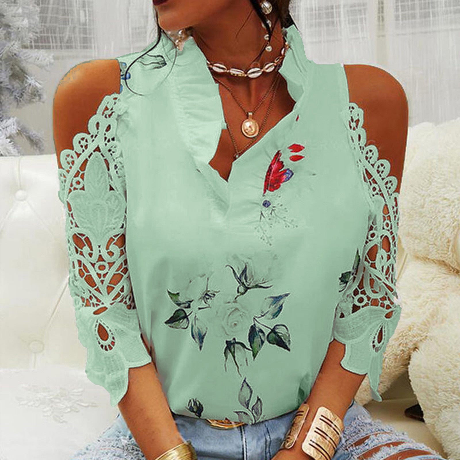 Women's Summer Flower Print Off-shoulder Lace Stitching Long Blouses