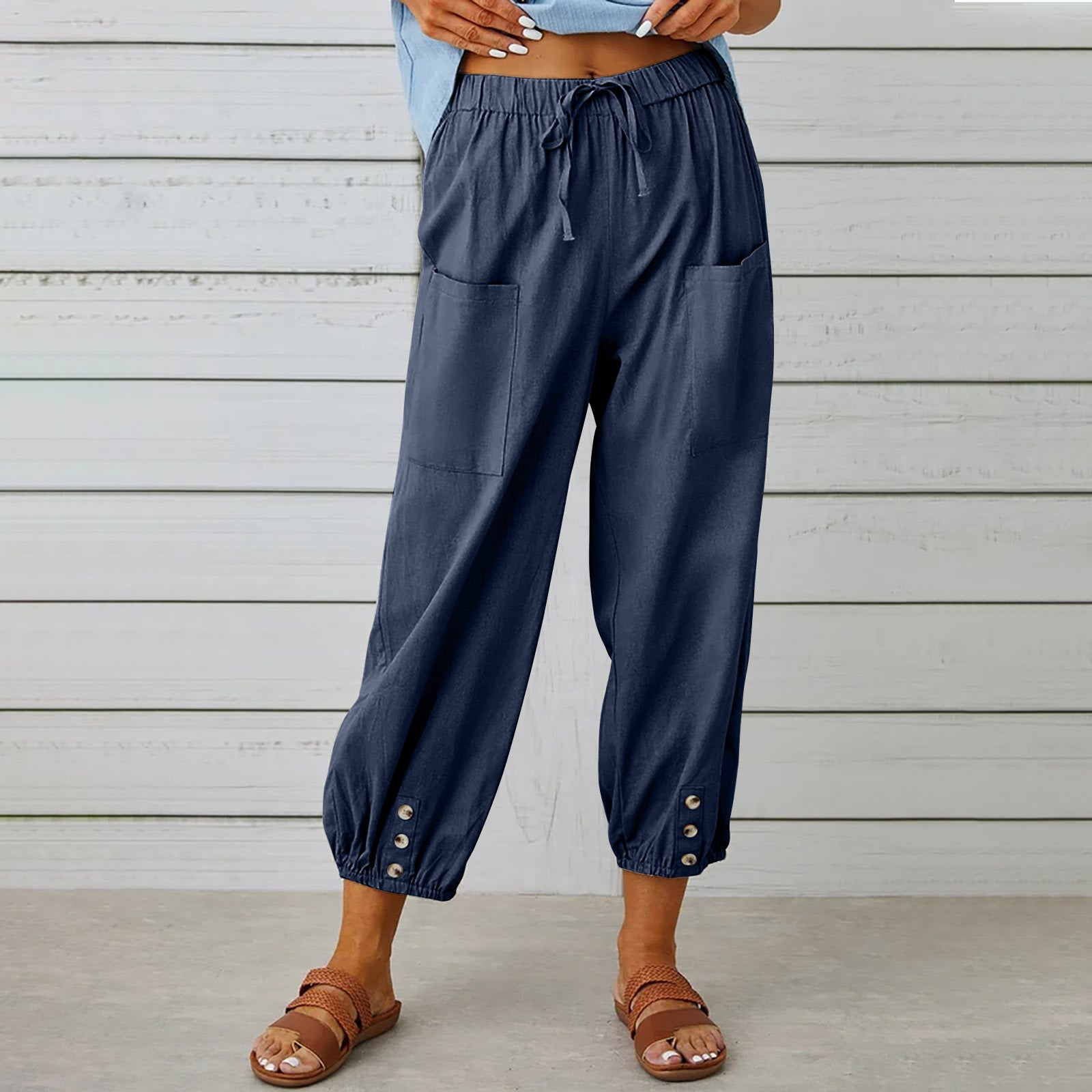 Women's Loose High Waist Button Linen Trousers Pants