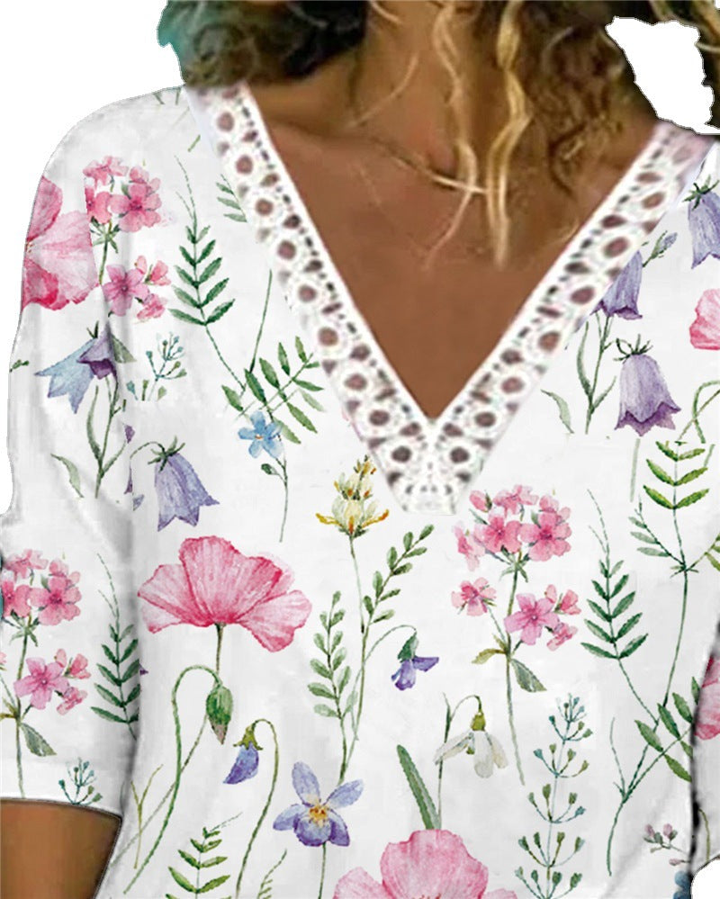 Women's Stylish Autumn V-neck Floral Loose Blouses