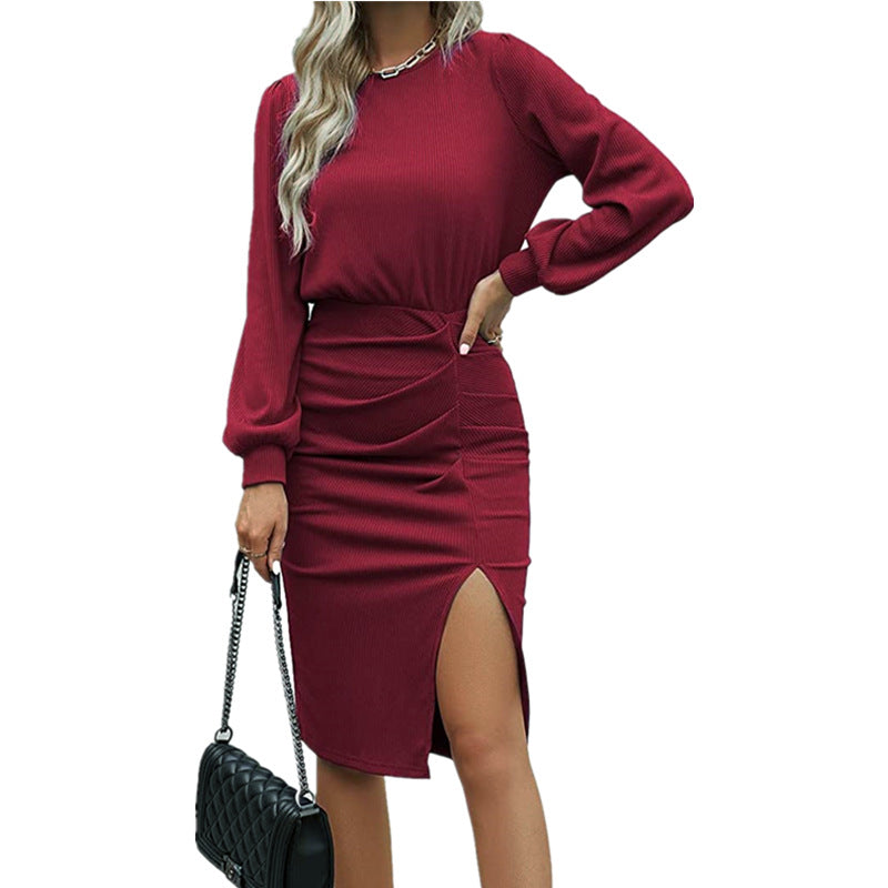 Women's Waist Lantern Long Sleeve Knitted Dress Dresses