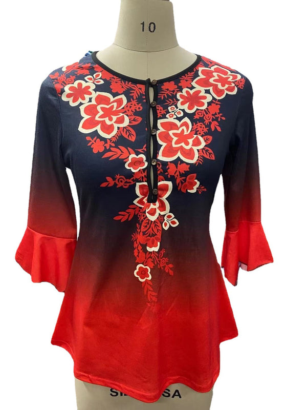 Autumn Ruffle Sleeve Printed Shirt 3/4 V-neck Blouses