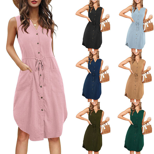 Women's Summer Lace-up Pocket Elegant Slim Sleeveless Dresses