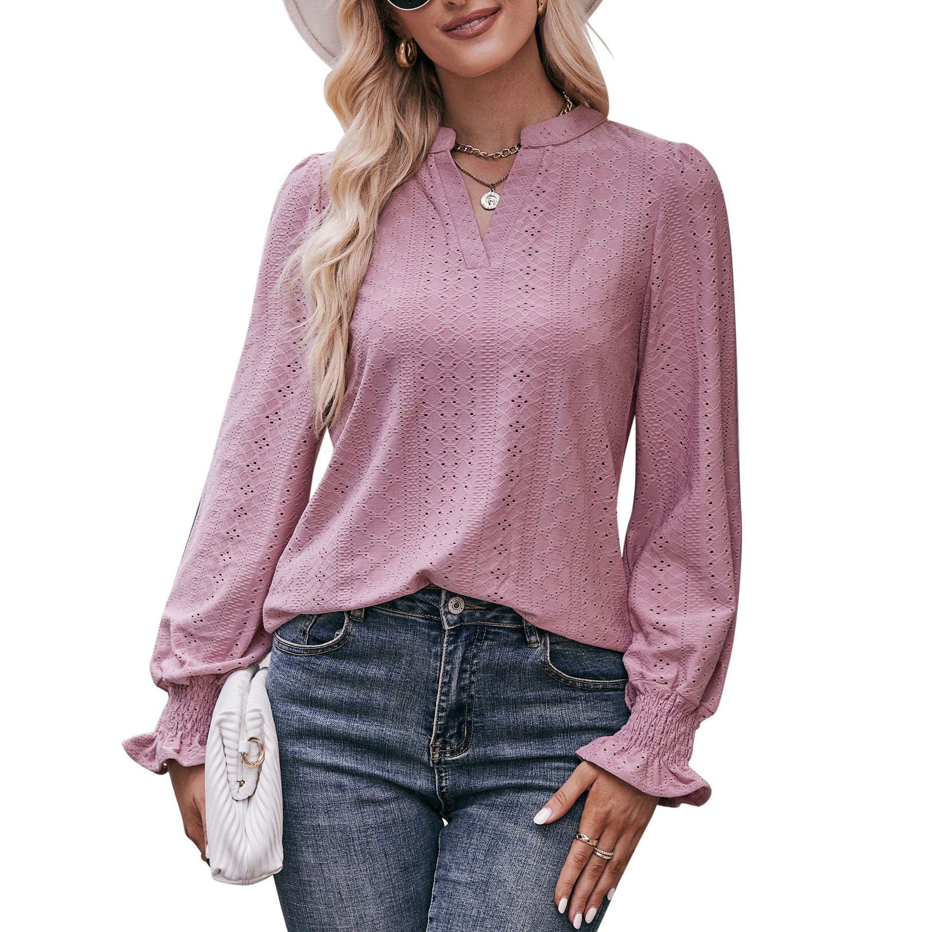 Women's Solid Color T-shirt Hole Long Sleeve Blouses