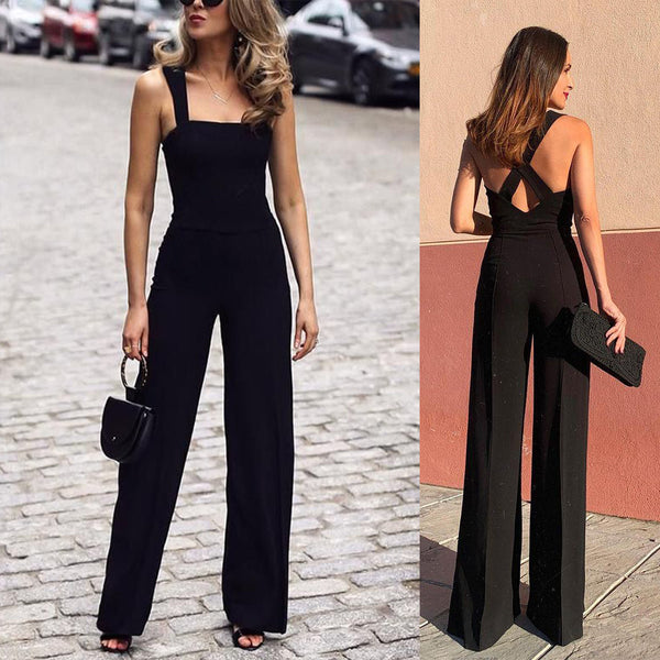 Gerade, rückenfreie, schwarze Hosen-Jumpsuits mit weitem Bein und mittlerer Taille