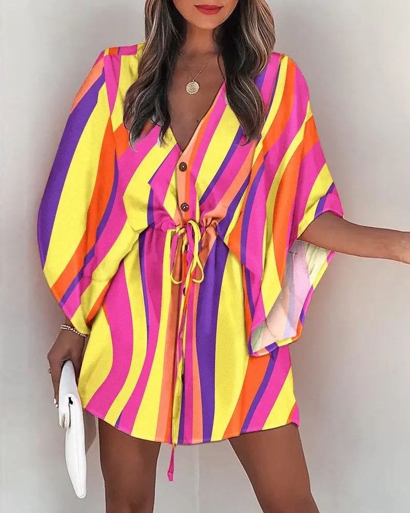 Women's Summer Sleeves V-neck Lace-up Printed Beach Dresses