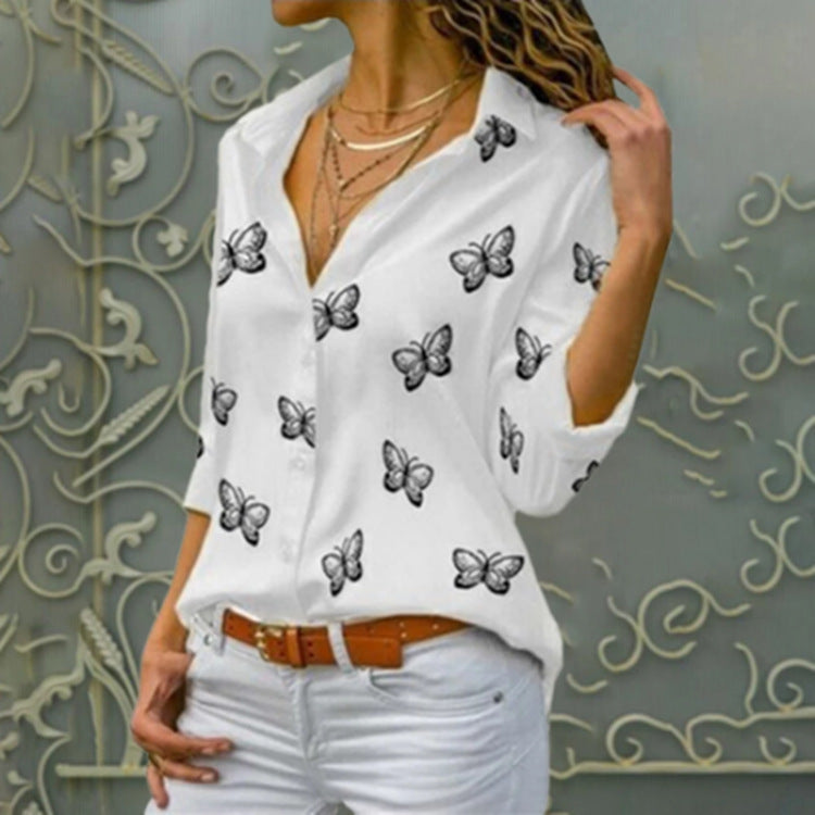 Women's Popular Butterfly Print Loose Lapels Shirt Blouses