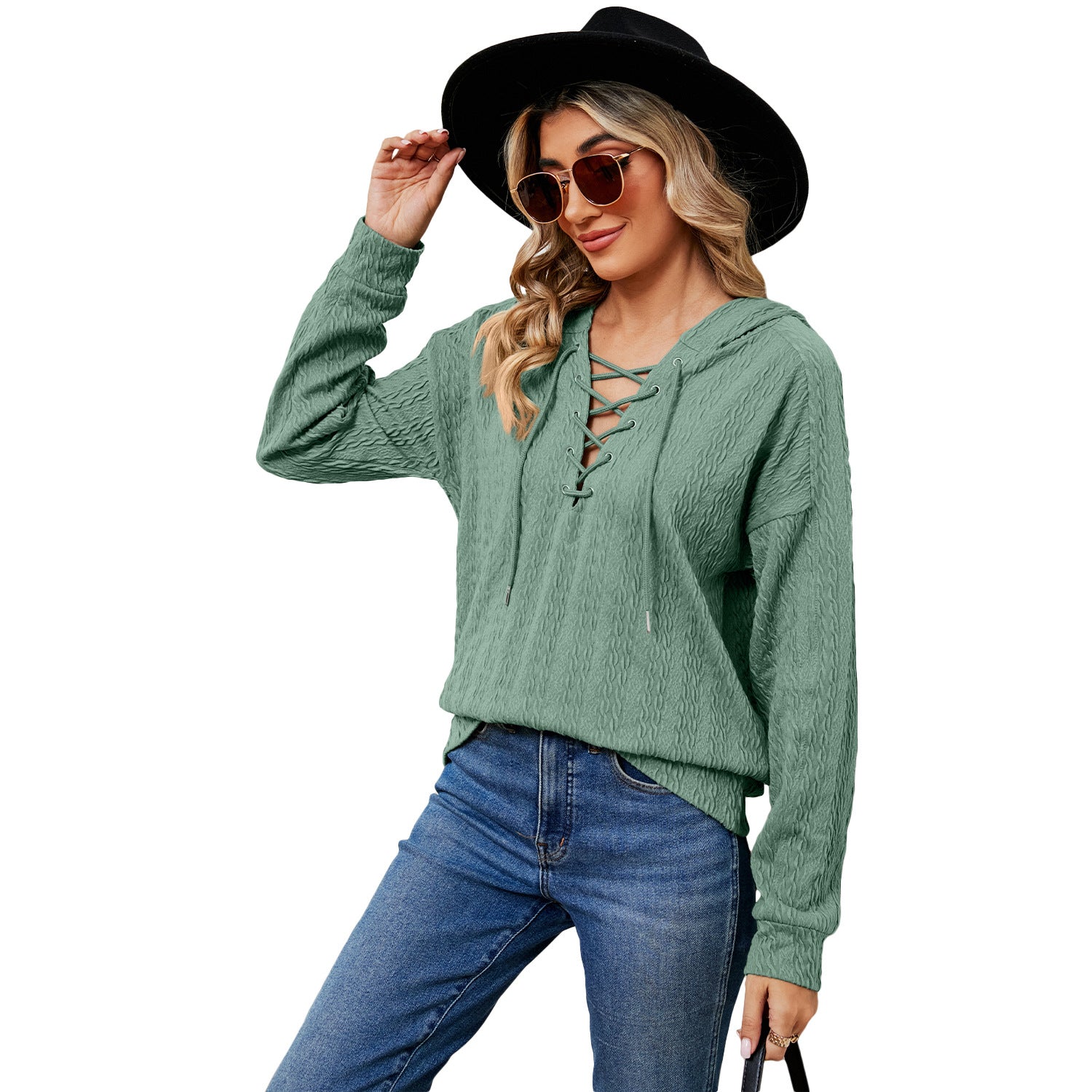 Women's Solid Color Hooded Neckline Tied Long Tops