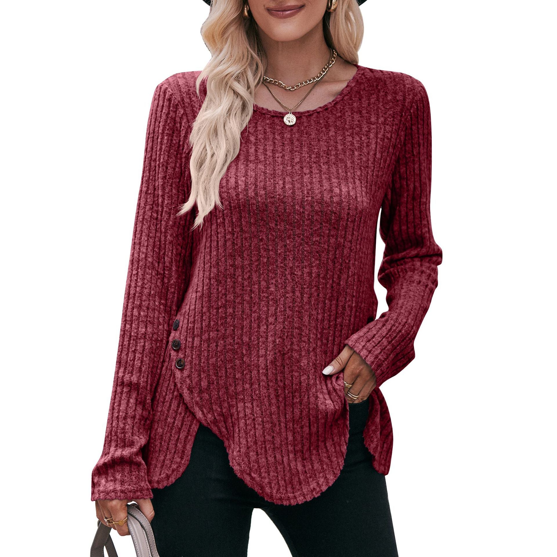 Women's Sunken Stripe Brushed Solid Color Long Sleeve Tops