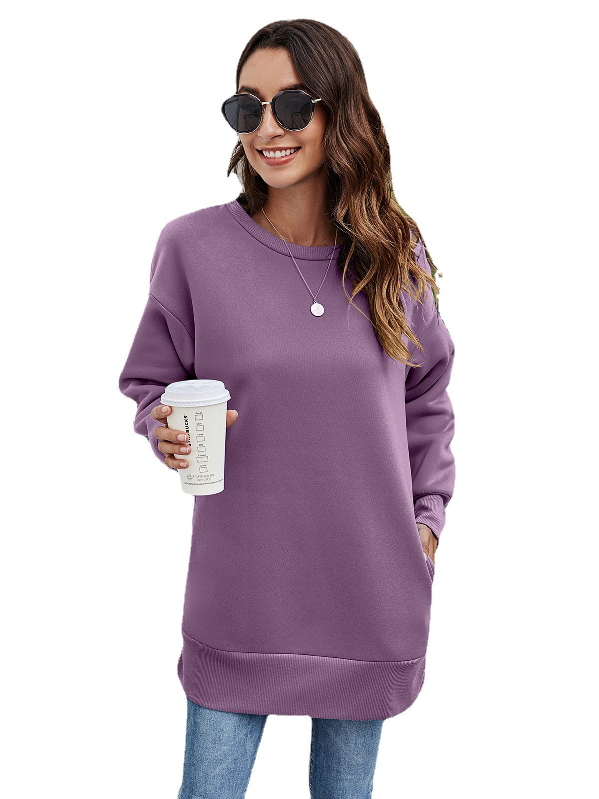 Women's Round Neck Pocket Mid-length Casual Loose Clothing