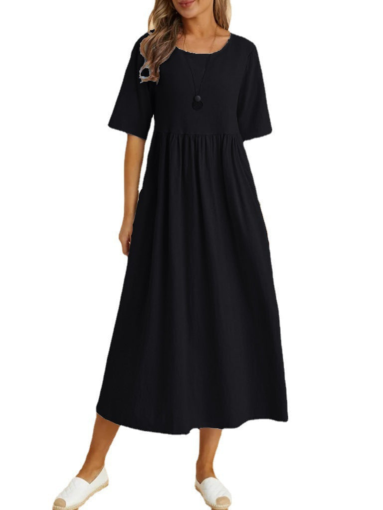 Women's Cotton Linen Pocket Half Sleeve Mid-length Dresses