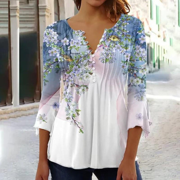 Women's Floral Printed Sleeve Pleated Button T-shirt Blouses