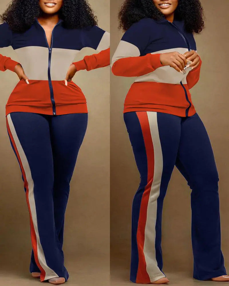 Women's Long-sleeved Zipper Slim Fit Trousers Suits