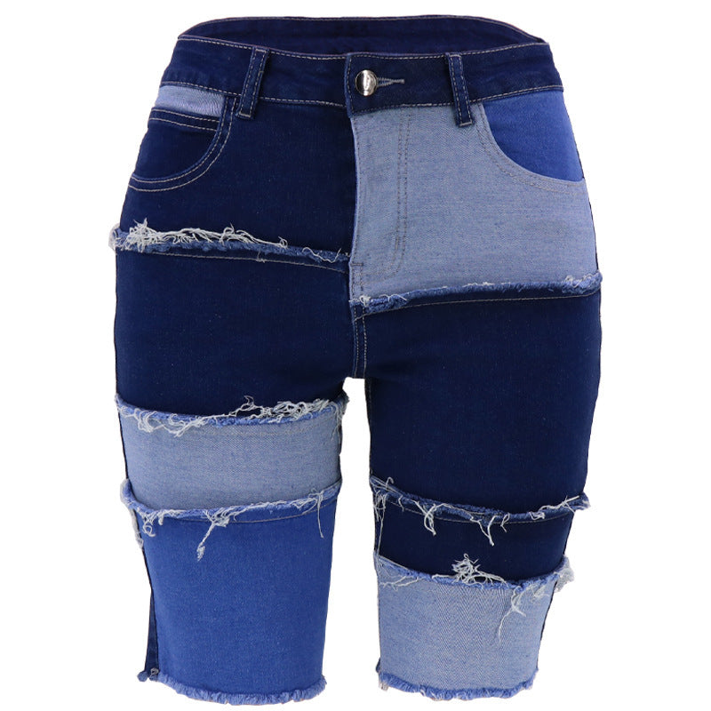 Women's Five-point High Elastic Hip-lifting Patchwork Jeans