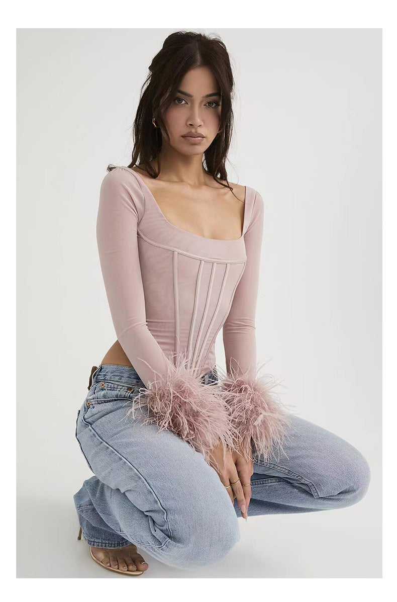 Blouses longues à col carré rose pour femmes