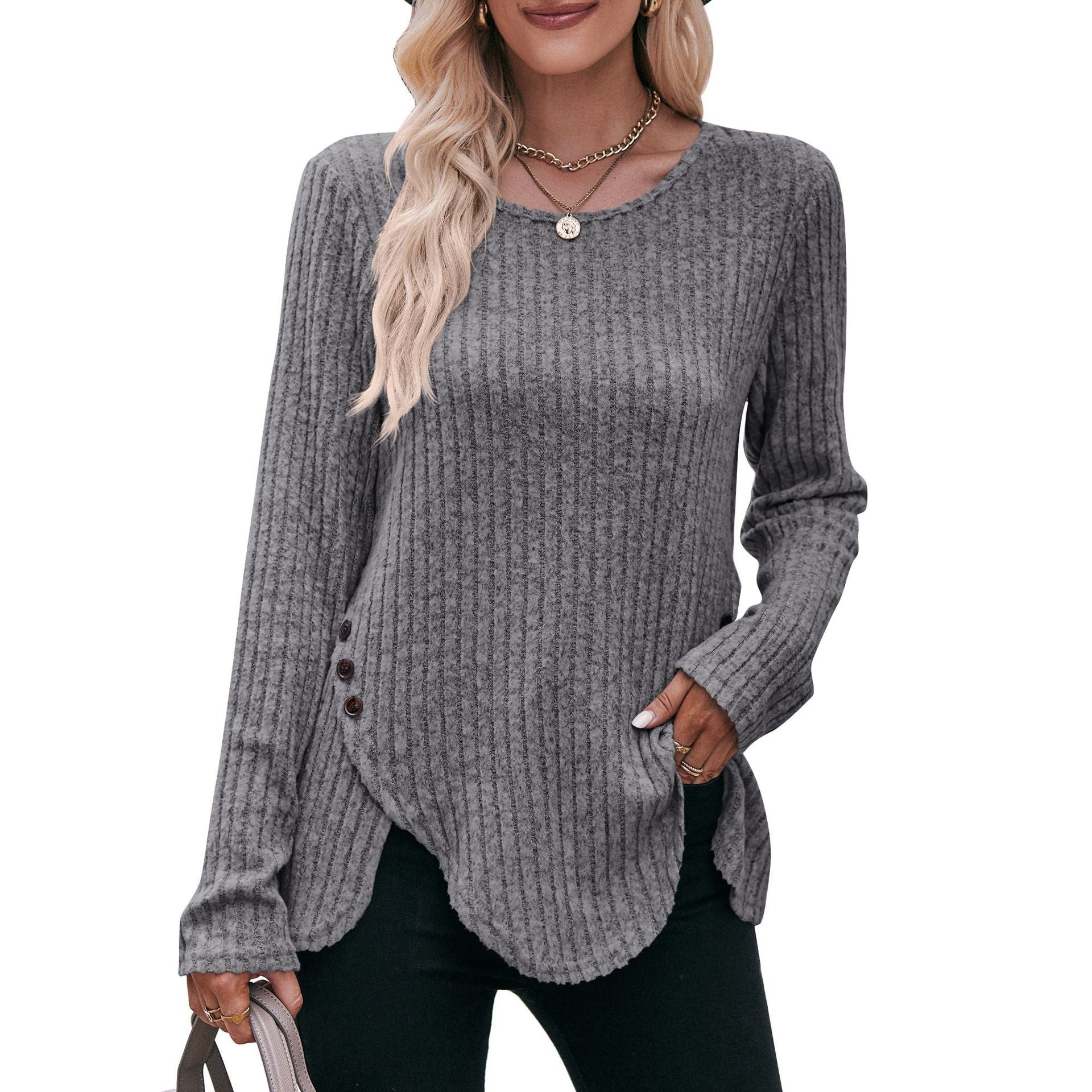 Women's Sunken Stripe Brushed Solid Color Long Sleeve Tops