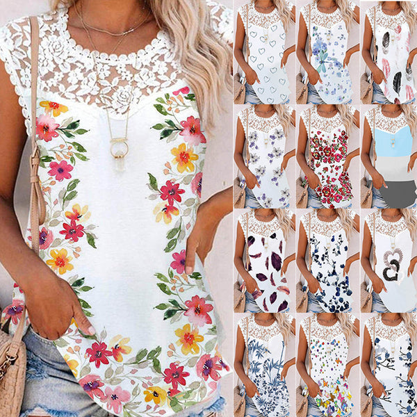 Women's Summer Printed Round Neck Lace Casual Loose Colored Vests