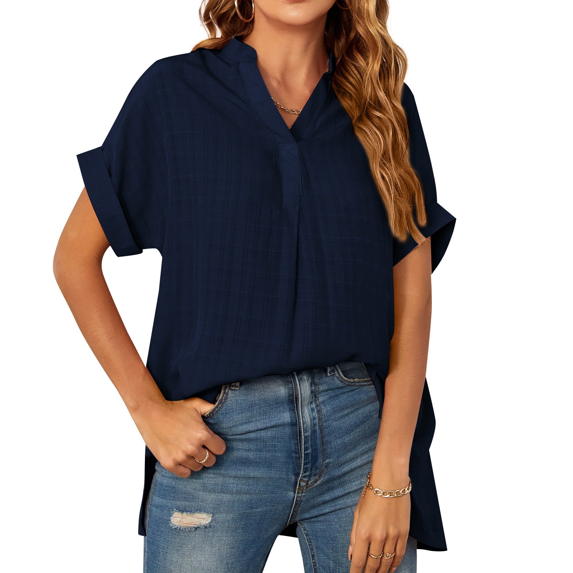 Women's Summer V-neck Sleeve Striped Thin Loose Blouses