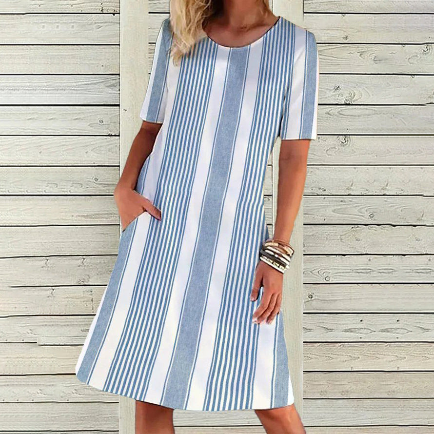 Women's Gradient Striped Positioning Printed Pocket Round Dresses