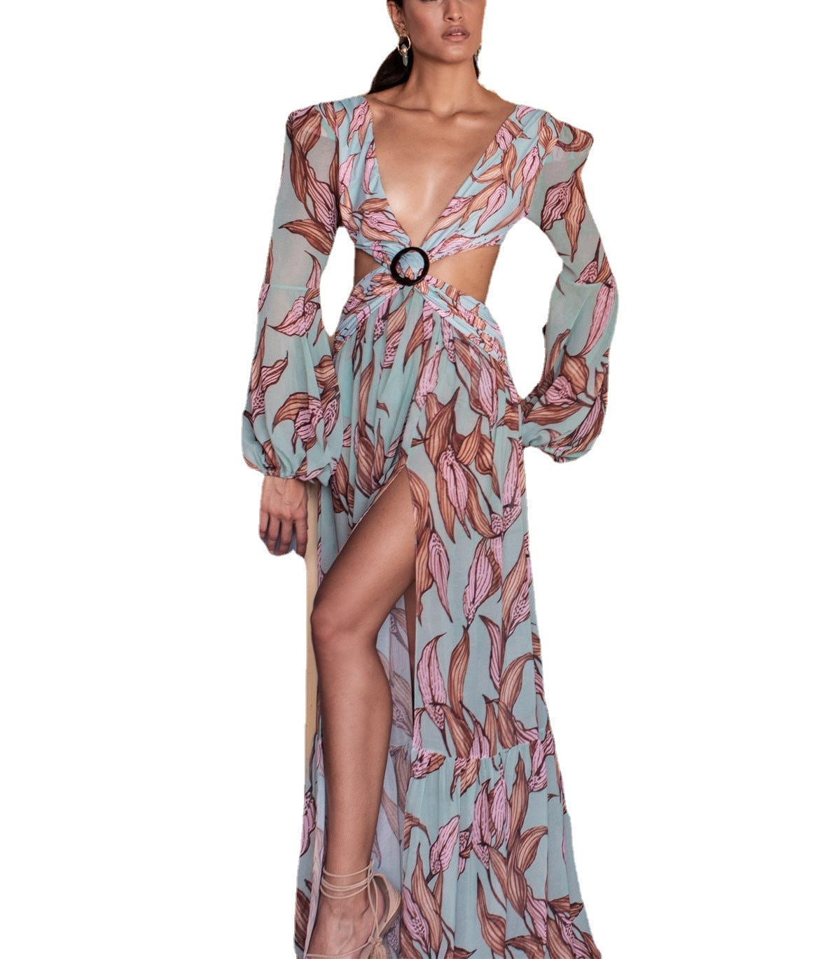 Fashion Sexy Print Lantern Long Sleeve V-neck Dresses