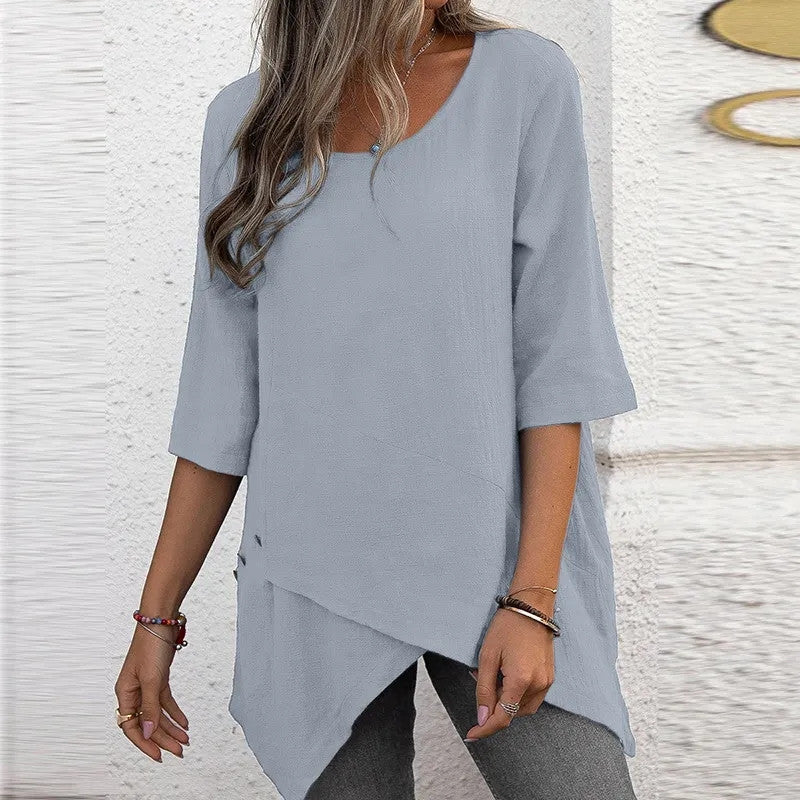 Women's Cotton Linen Irregular Shirt Half Sleeve Blouses