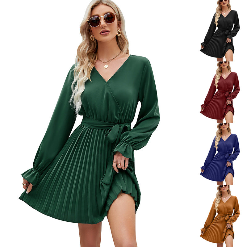 Women's Tied V-neck Pleated Long Sleeve Gown Dresses