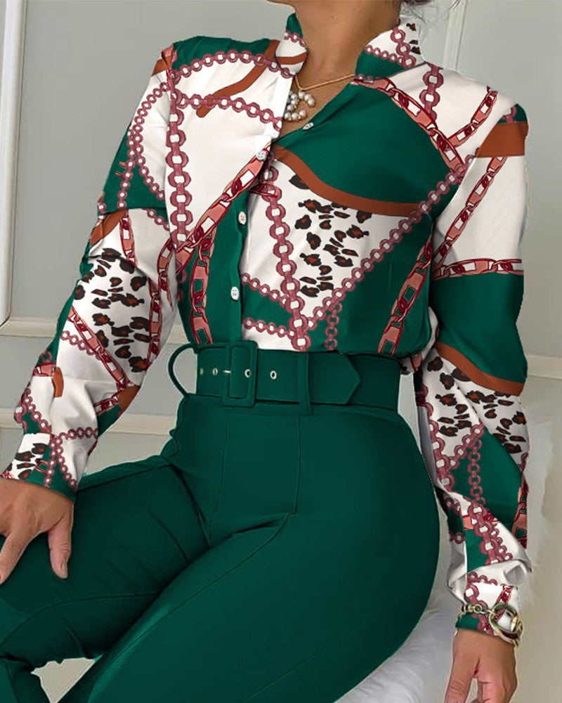 Casual Printed Collar Long Sleeve Shirt Wide Leg Two-piece Suits
