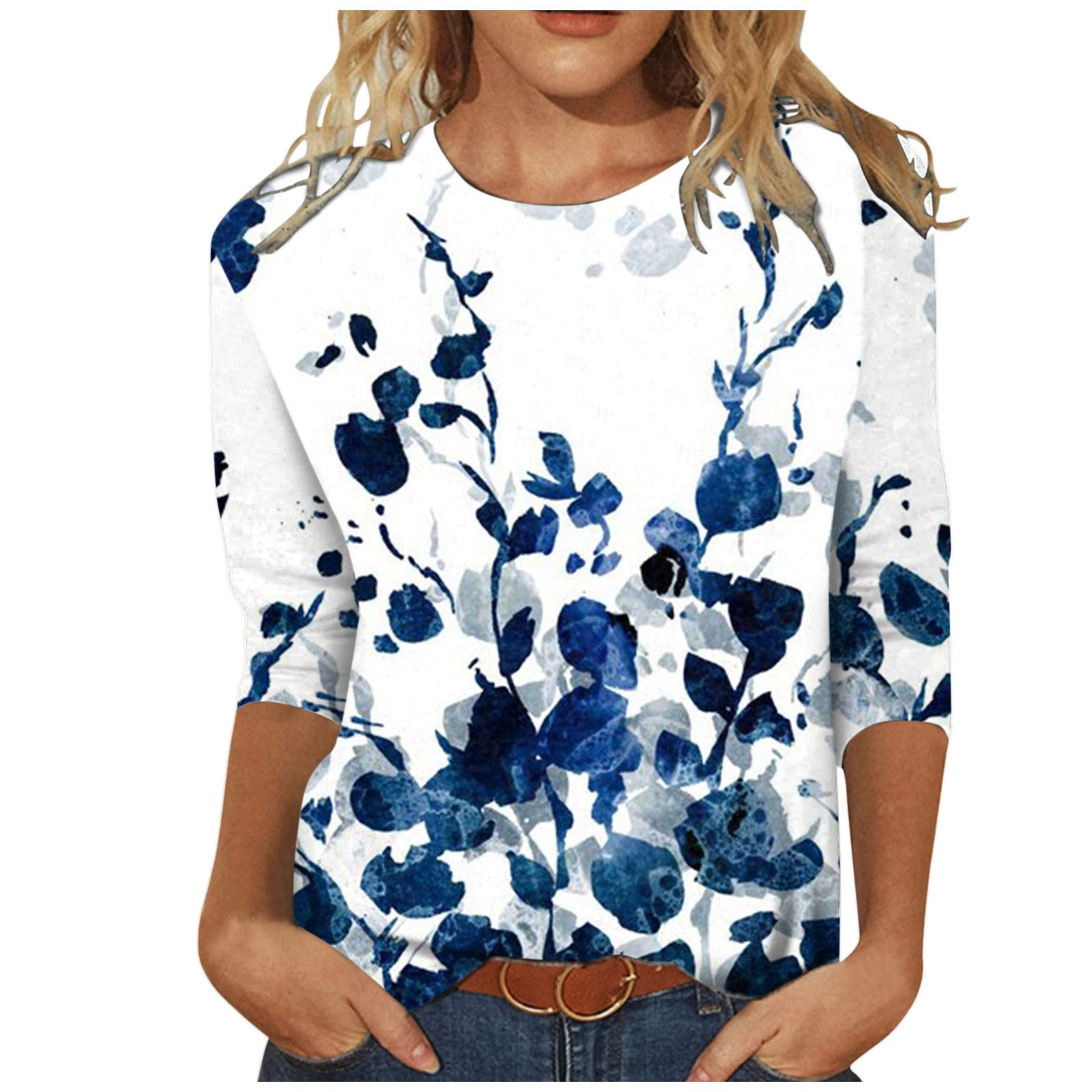 Women's Round Neck Long Sleeve Loose Print Tops