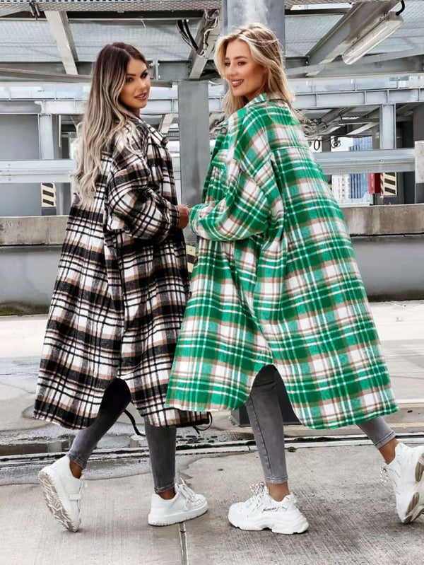 Stylish Women's Fashion Lengthened Plaid Shirt Coats