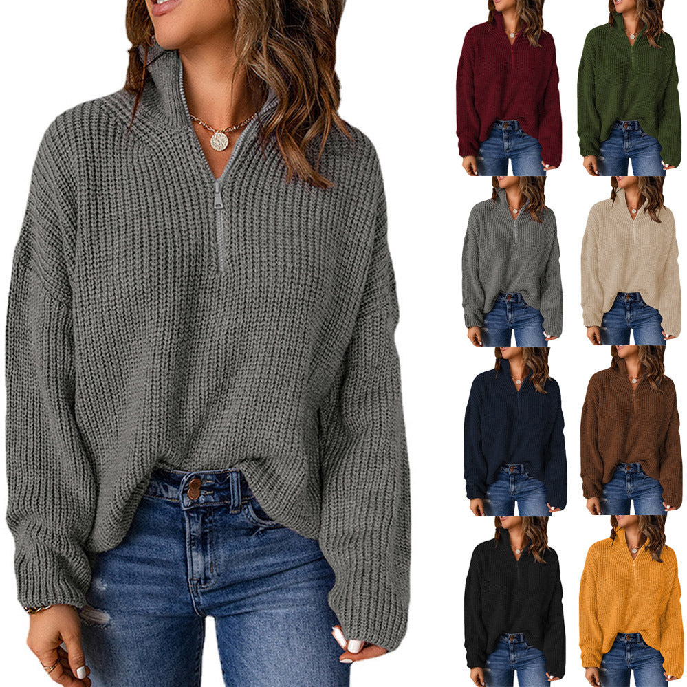 Women's Solid Color Pullover Turtleneck Zipper Loose Sweaters