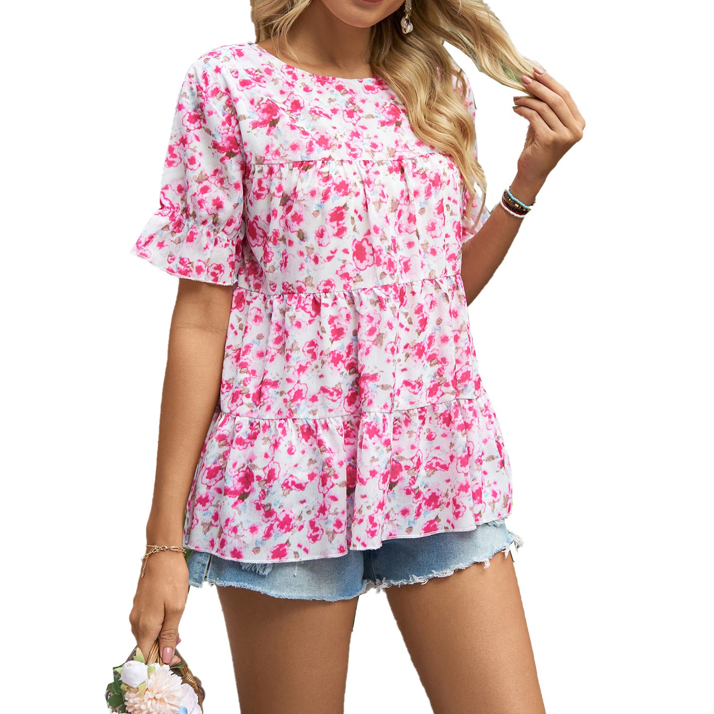 Women's Summer Printed Round Neck Sleeve Pleated Blouses